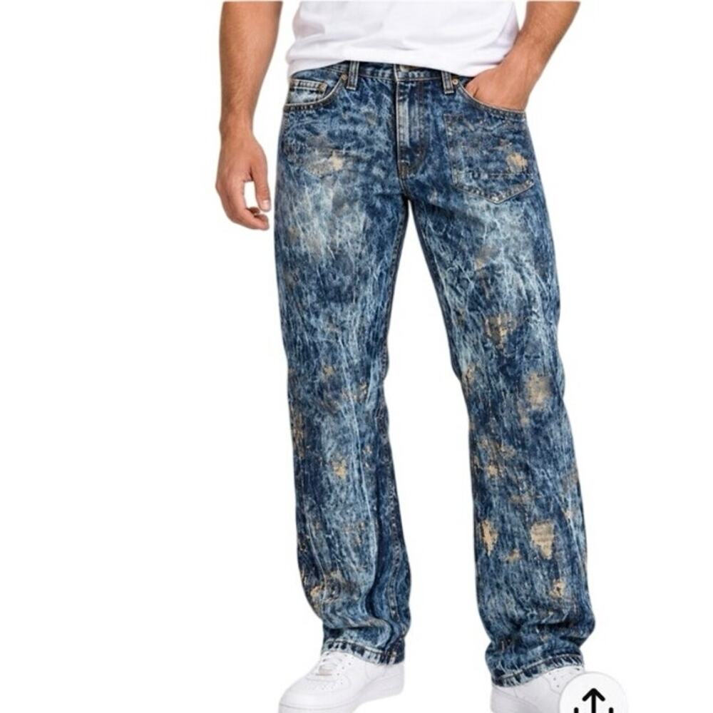 Heritage America 1776 Mens Sand Blasted Blue Jeans, Gold Splatter, Size 40x34